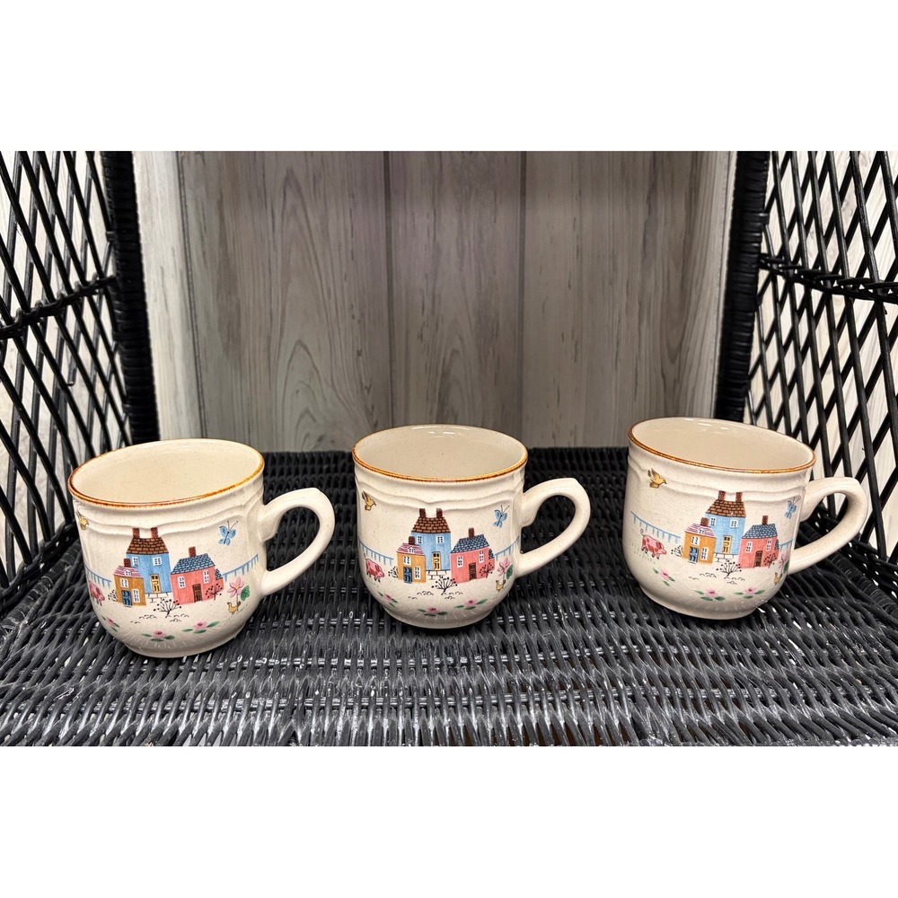 Vintage International Stoneware Heartland Mugs Set of 3 Japan Folk Art Village